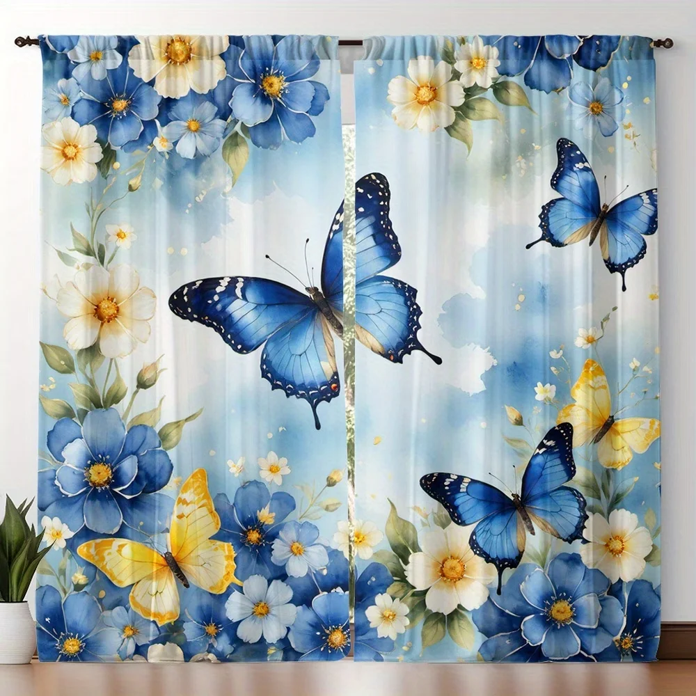 2PCS Digital Printed Curtains, Blue Yellow Butterfly Vibrant Insect Nature, Window Drapes for Living Room Bedroom Home Decor