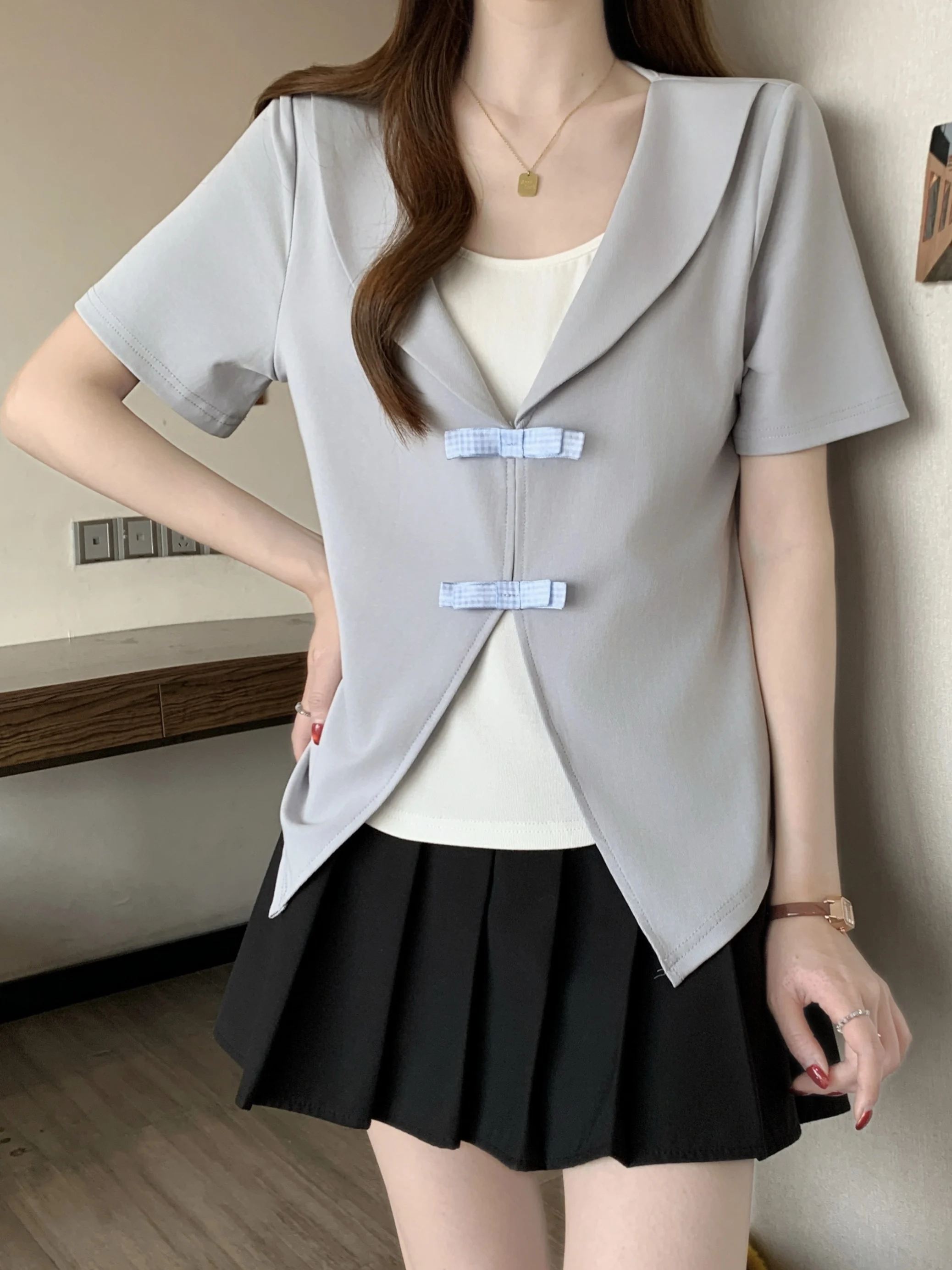 

plus Size Women's Korean Style Navy Collar Short Sleeve T-Shirt Color Block Slimming Fashionable Summer Top Casual Wear