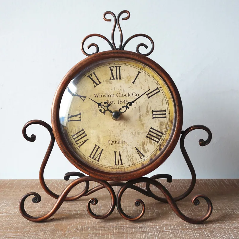 European Style Wrought Iron Silent Desk Clock Home Living Room Decoration Retro Clock Modern Design Bedroom Study Desk Clock