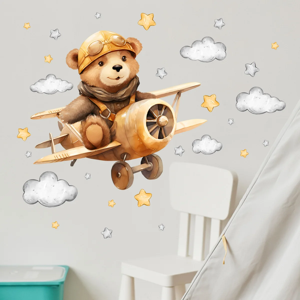 Fashion cute cartoon creative flying plane bear pilot children's room bedroom home decoration wall stickers