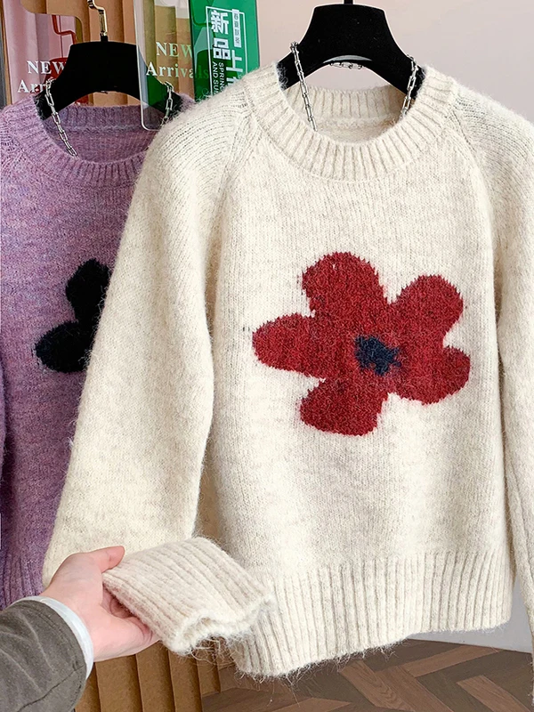 秋冬の女性用ニットセーター、花柄刺繍入り、オーバーヘッドカジュアル、長袖、ウール素材のトップス、若い女性向け