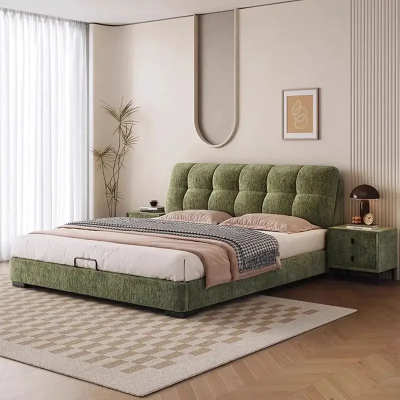 Italian minimalist chenille fabric bed puff fabric bed modern simple light luxury double upholstered master bedroom wedding bed
