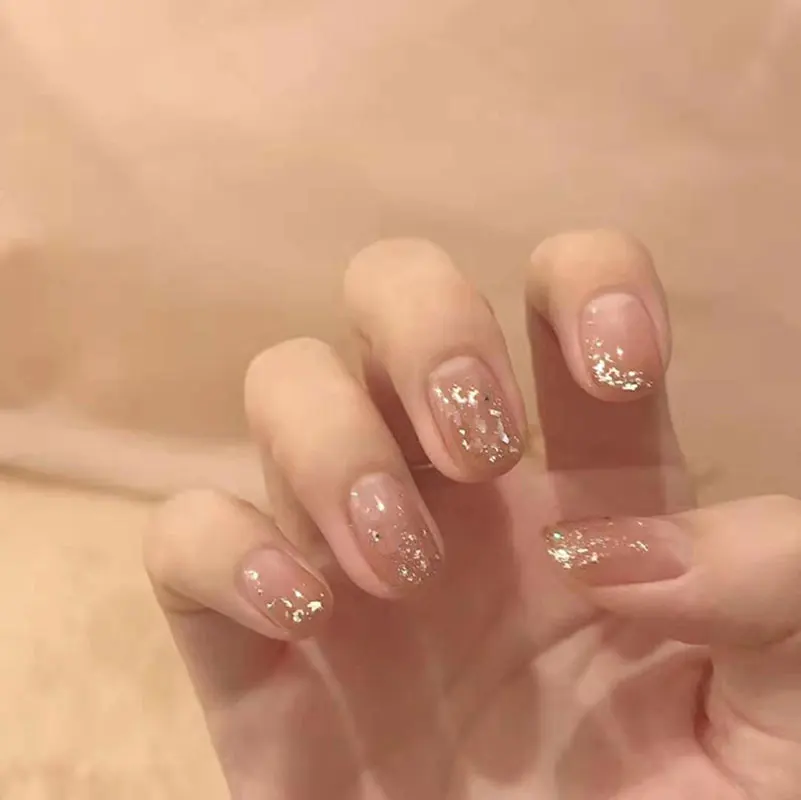 24pcs/box Wearable Milk Tea Gradient Gold Foil Nail Art, Simple, Sweet, Whitening, Waterproof Short False Nails