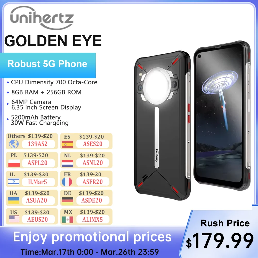 Unihertz Golden Eye 5g Ultra cienki wytrzymały smartfon Camping Light 8GB 256GB 64MP aparat W telefonie komórkowym, telefon komórkowy, 30W ,5200mAh
