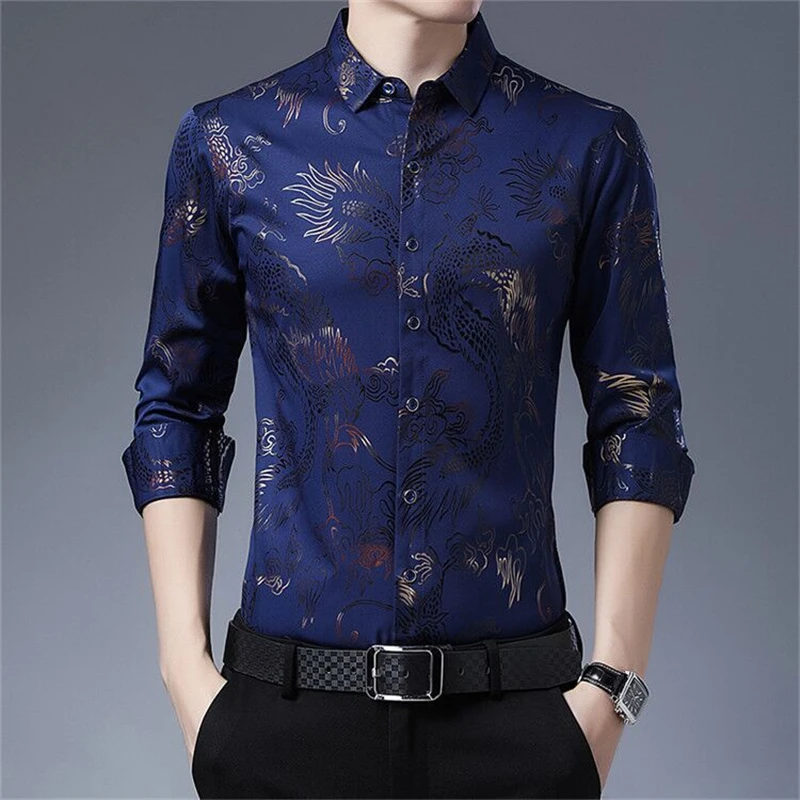 Chemises à imprimé graphique dragon de style chinois vintage pour hommes, chemises d'affaires décontractées, manches longues, mince, printemps, automne, 2023