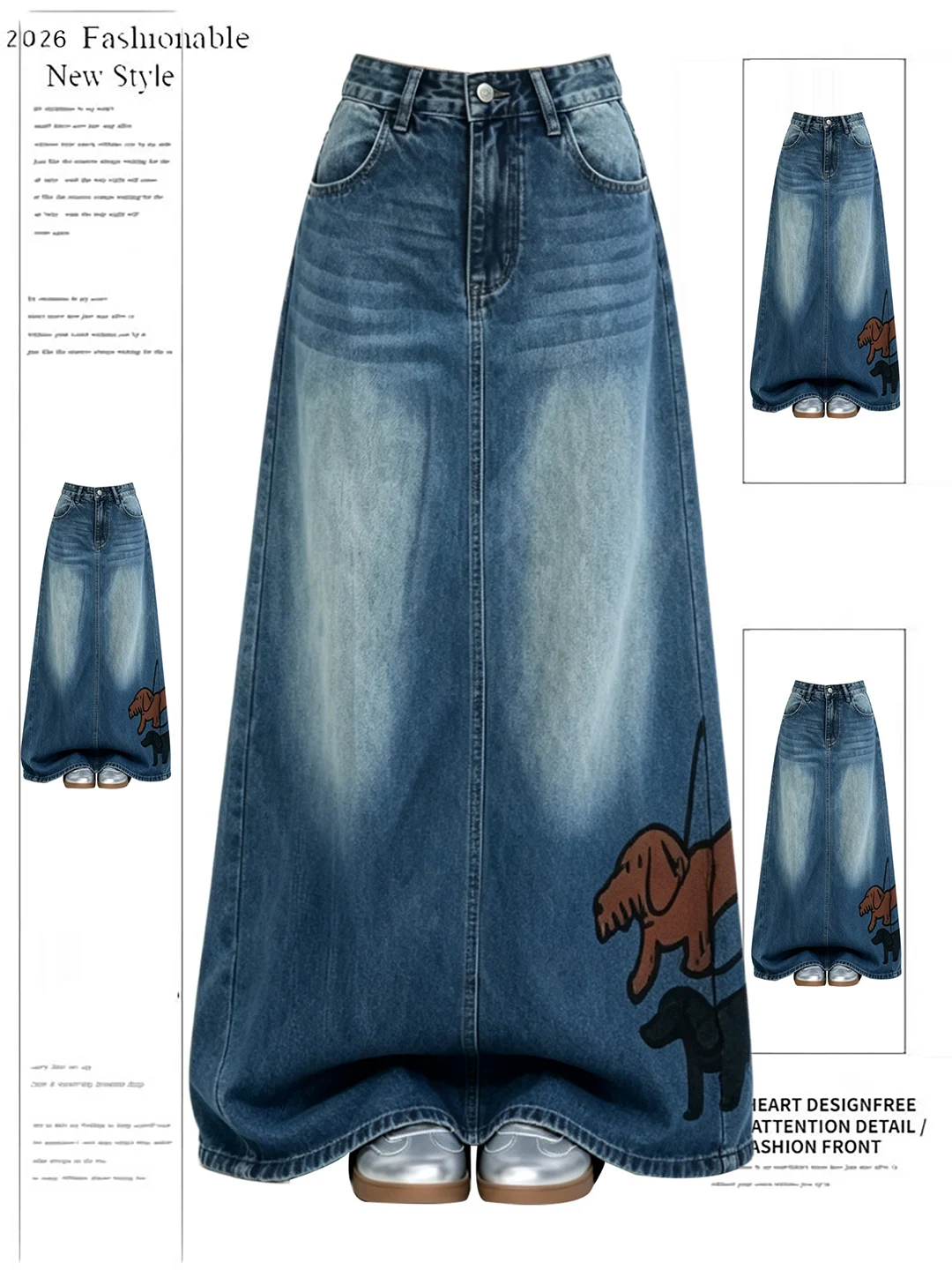 

Summer New Design Loose A-Line Skirt Women's High Waist Denim Print Cartoon Doggies Casual Commute Style Korean Fashion