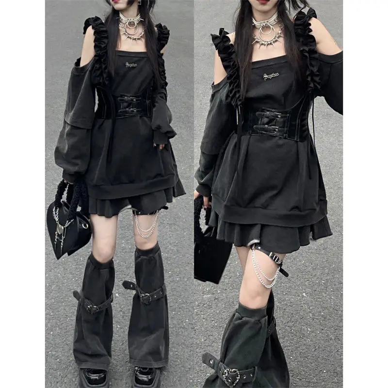 Harajuku Punk Loose Hoodies Dress Two Pieces Sets Women Y2K Socks Grey T-shirts Vestidos Long Sleeve College Girls Dress Sets