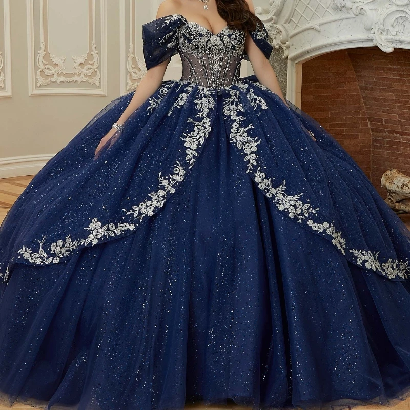 

Navy Blue Shiny Quinceanera Dress Ball Gown Off The Shoulder Applique Beading Crystals Tull Corset Sweet 16 Vestido De 15 Anos