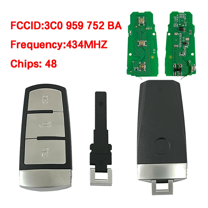 

CN001017 Aftermarket 3 Buttons Smart Keyless go Remote Fob 48 Chip 434MHz FCC 3CO 959 752 BA For Passat CC Magotan