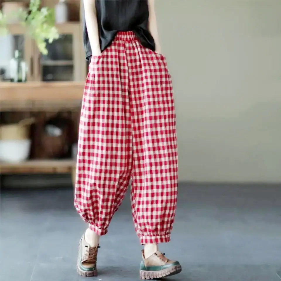 

2022New Spring Vintage Plaid Flax Loose High Waist Bloomers Women's All-match Pocket Thin Elastic Waist Harem Femme Casual Pants