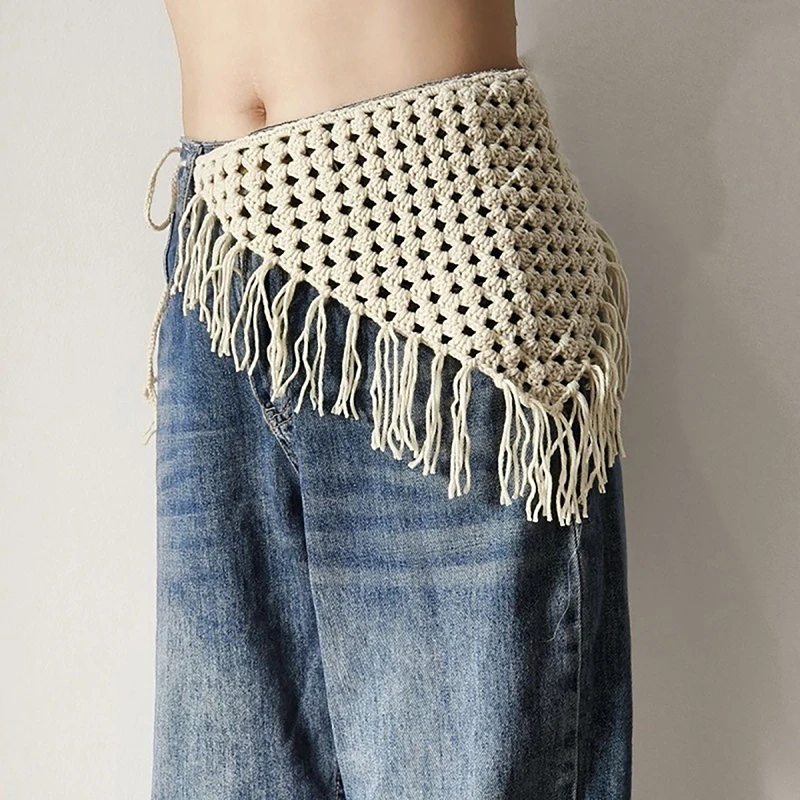 Y2K Hollow-Out Fringe Triangle Schal für Damen, Frühling, verstellbares Layering-Accessoire, vielseitiges Taillen- und Hüftwickel-Mode-Bandana – Detail 5