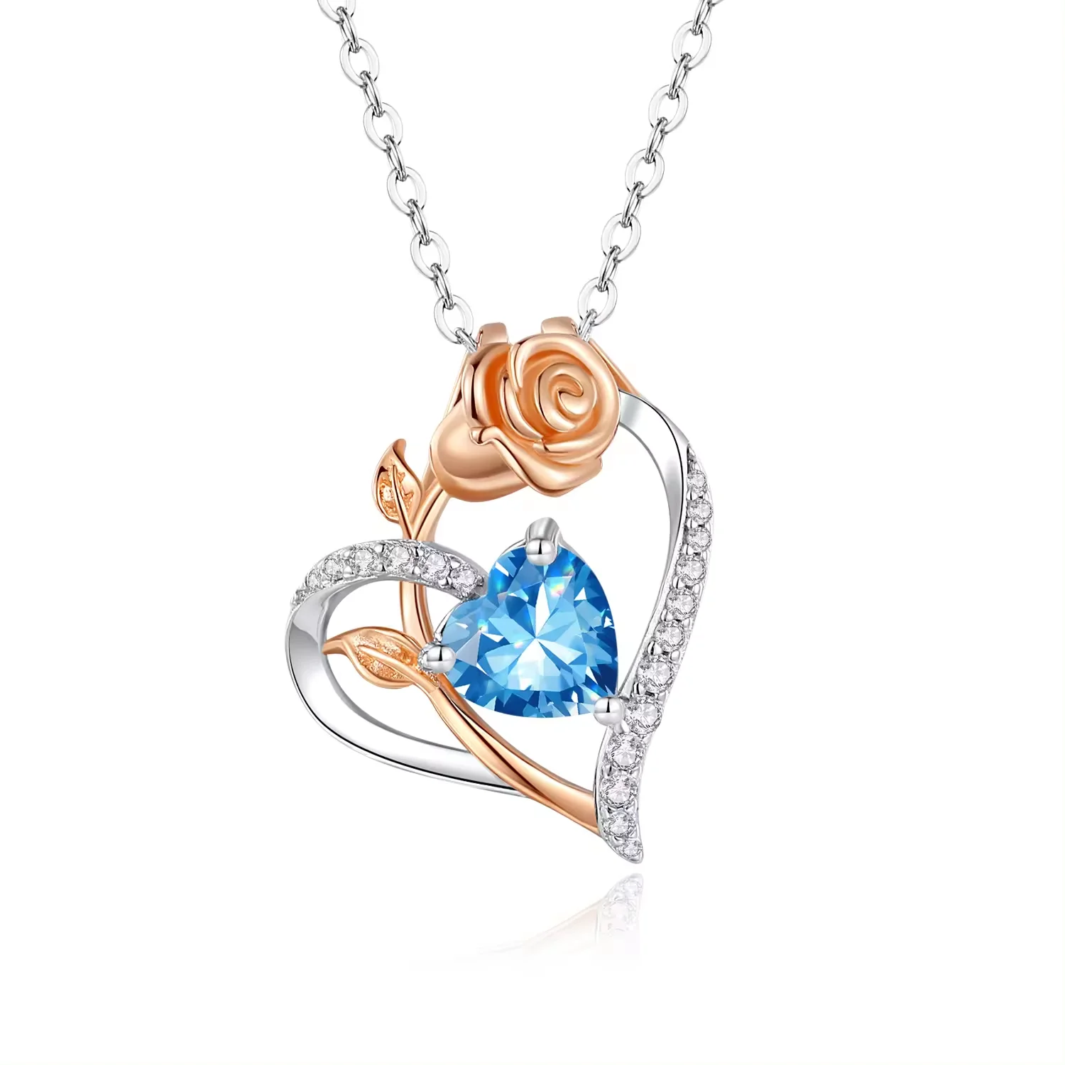 Birthstone Jewelry 925 Sterling Silver Heart Necklace For Women Rose Flower Crystal Heart-Shaped Necklace