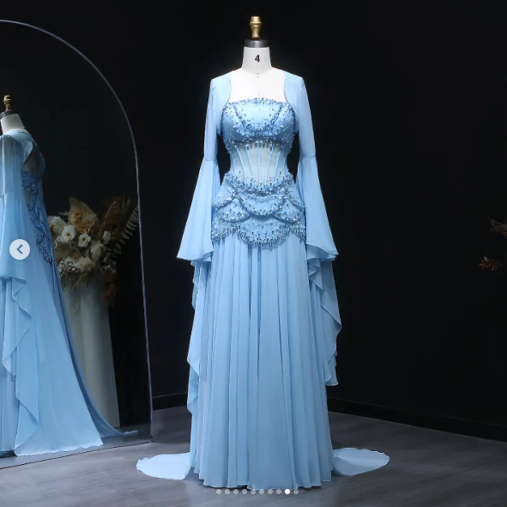 Customized Chiffon Sheath Gorgeous Evening Dress Beaded Sequins Layered Pleated and Floor Fairy Sleeve Formal Occasion Dress image 5