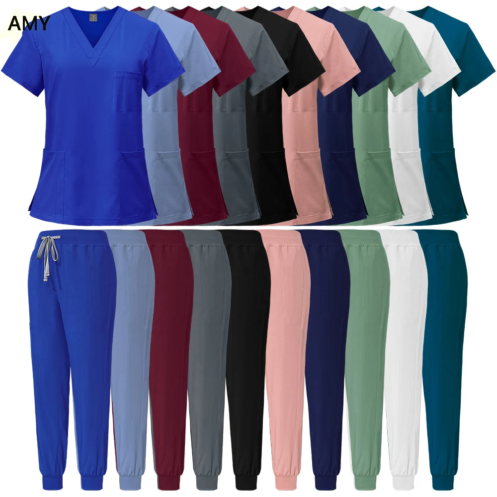 Cor branca Medical Scrubs Set para Homens e Mulheres, Uniformes Hospitalares, Médicos Enfermeira Acessórios, Clínica Odontológica, Salão de Beleza Vestuário Vestuário