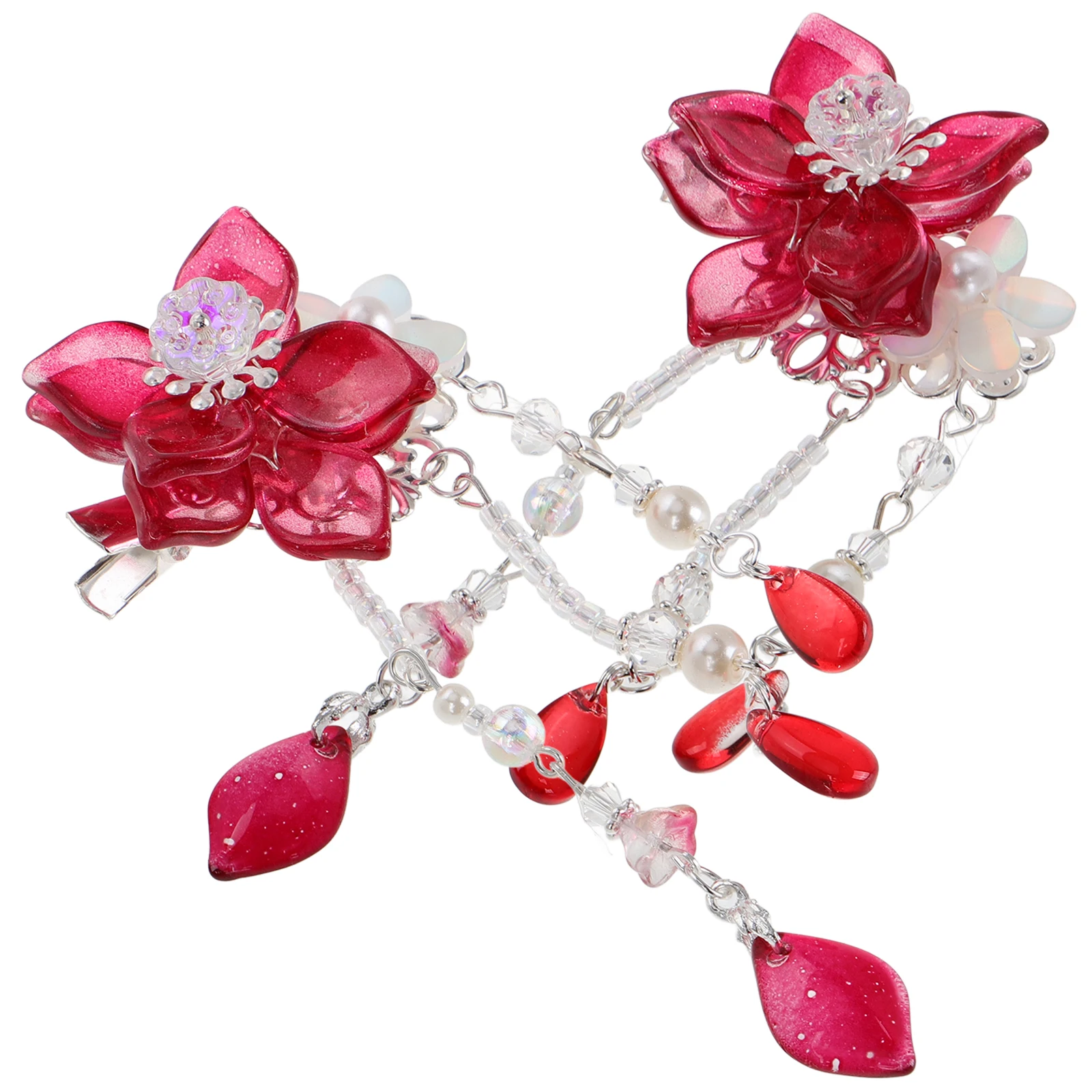 

Red Pair Kids Hanfu Hair Accessories Vintage Flower Clips Crystal Decor Girls Lightweight Stage Dancing Cosplay Daily Life