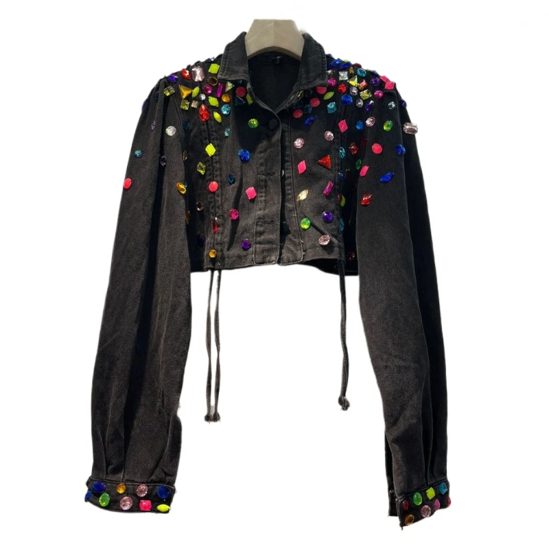 

European Station Women Jacket 2024 Autumn New Short Black Drawstring Handsewn Colorful Diamond Denim Coat for Women