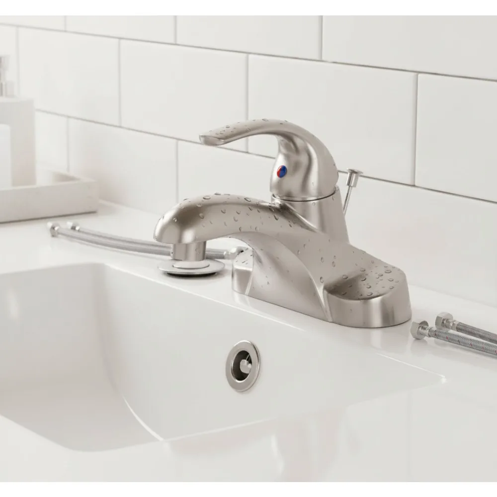 

Modern Low Arc Single Handle 4" Centerset Bathroom Sink Faucet with Pop Up Drain Brushed Nickel Water Saving