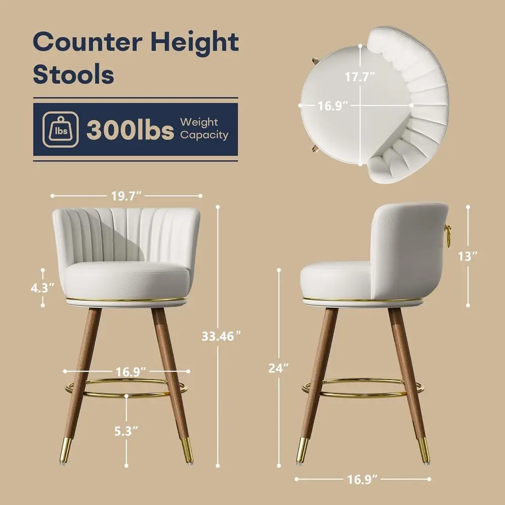24 Inch White Leather Swivel Counter Bar Stools Set o 4 | Upholstered pleated backs, wood legs, gold ootrests, 300lbs acity swiv