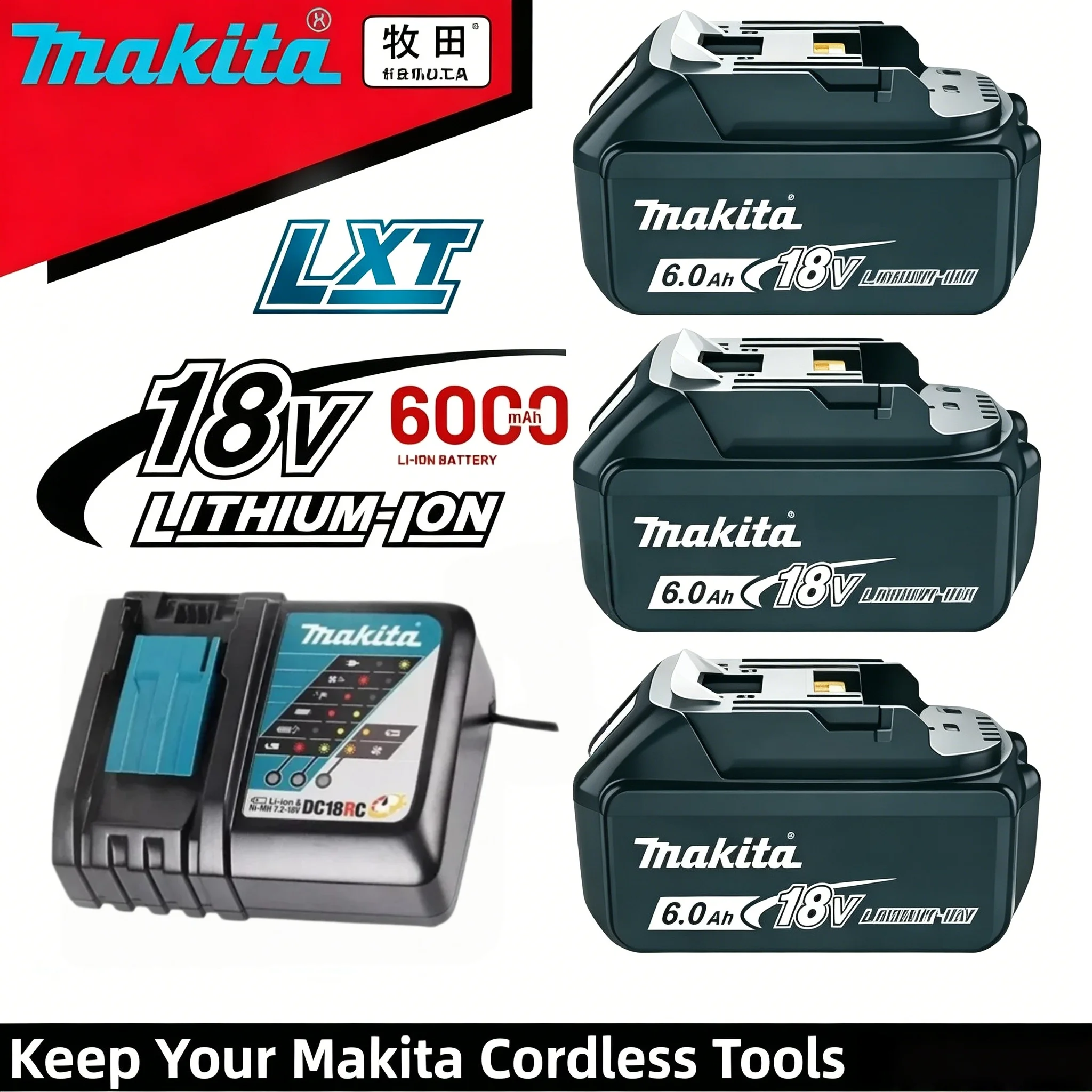 Original Makita BL1860, 18 Volt, 6.0Ah, Lithium Battery, Replacement for BL1815, BL1830B, BL1840, BL1850, LXT Cordless Tools
