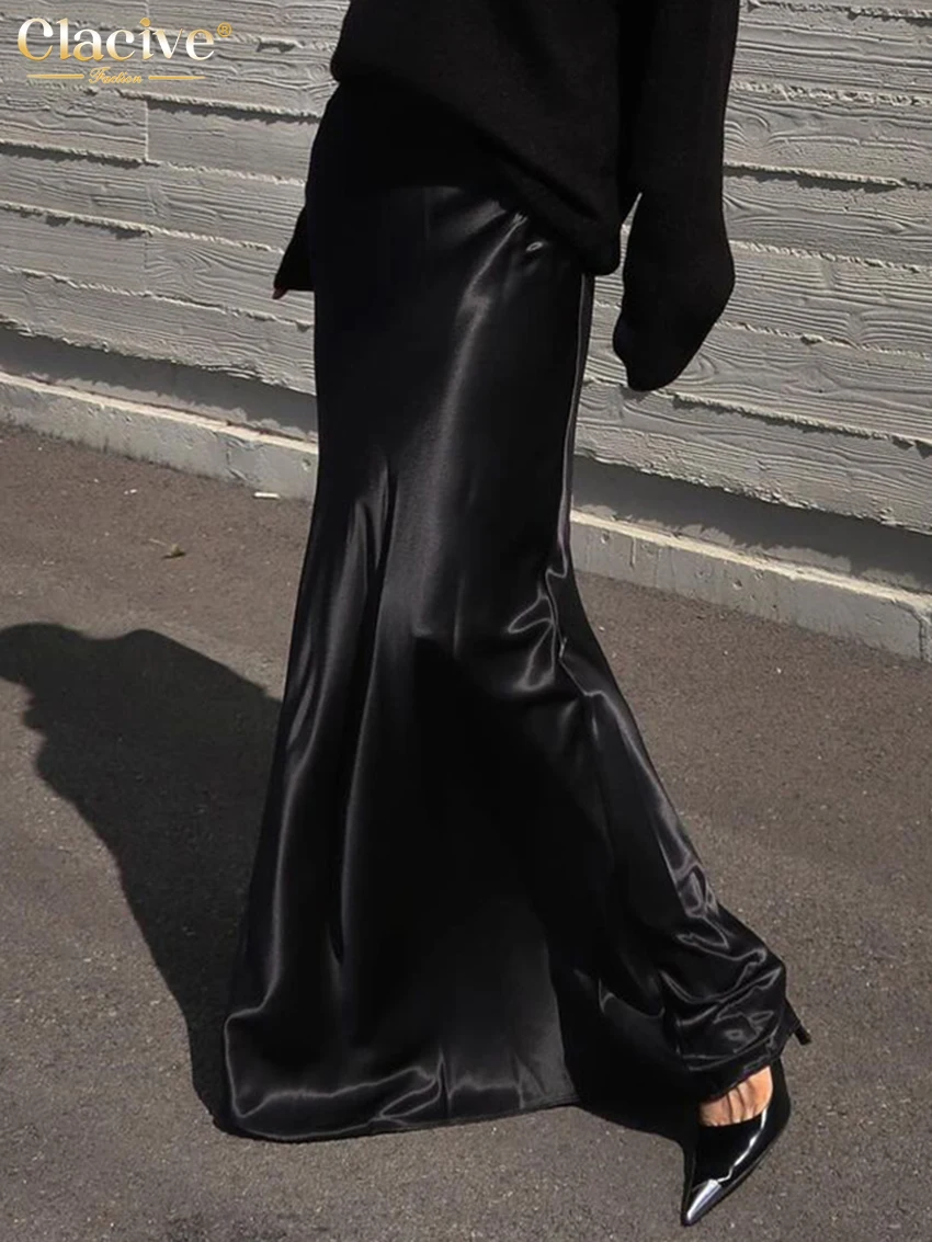 

Clacive Fashion Loose Black Satin Women's Skirt 2025 Casual High Waist Maxi Skrit Elegant Classic Solid Skirt Female Clothing