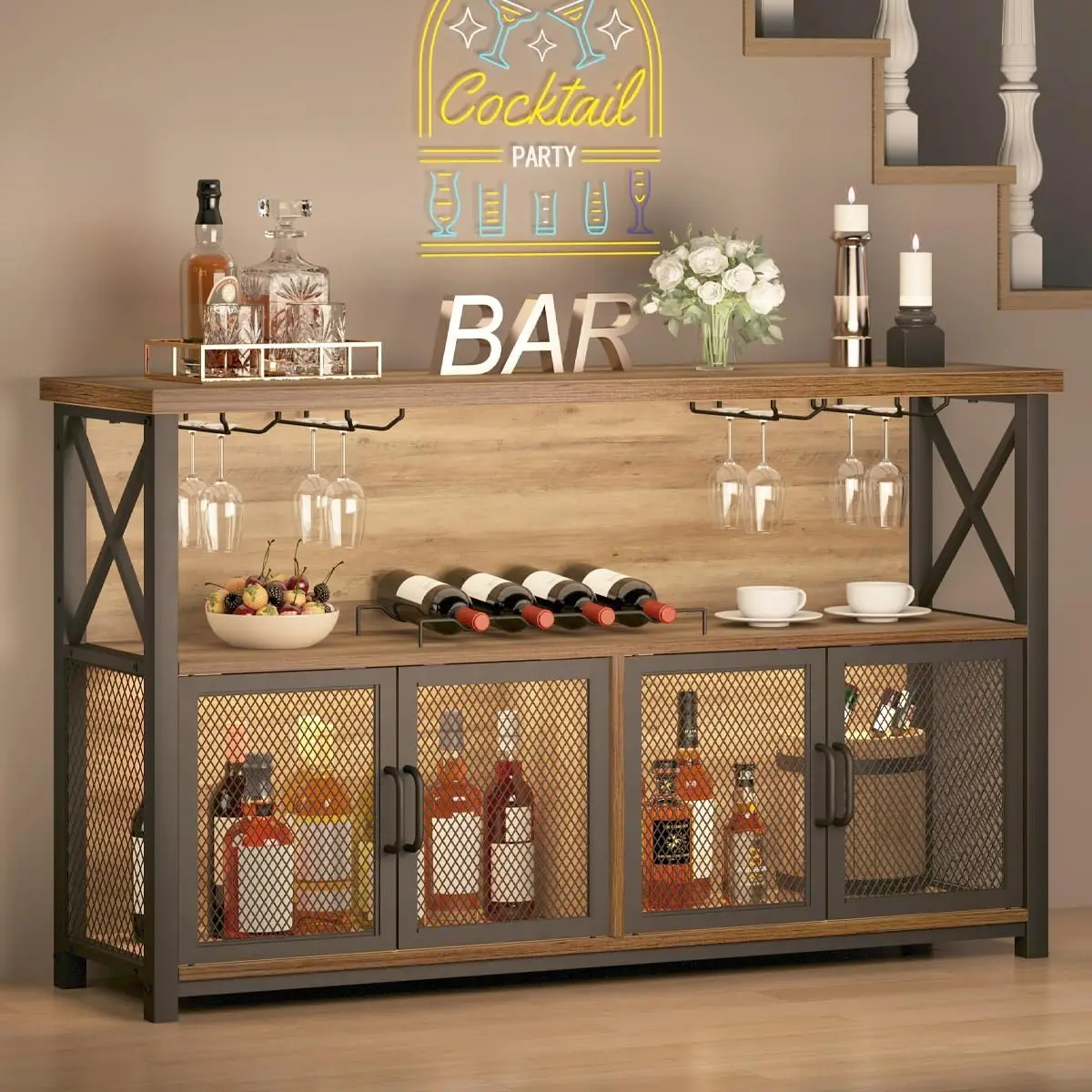 Bar Cabinet for Liquor and Glasses, Farmhouse Metal Wood Rack Cabinet for Home Living Dining Room Kitchen, Rustic Oak, 47 Inch