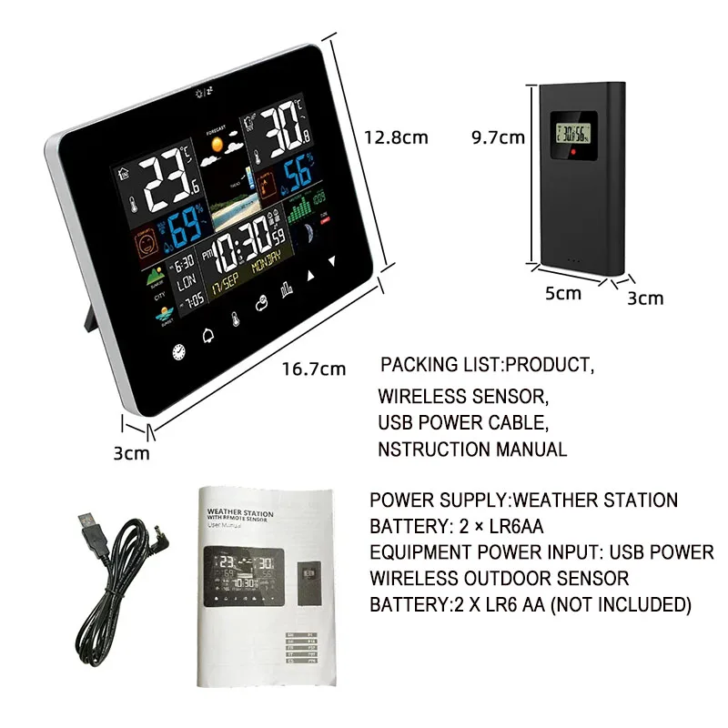 Wireless Weather Station Alarm Clock, Thermometer, Hygrometer, Touch Screen, Sensor, Sunrise and Sunset, Hygrothermograph