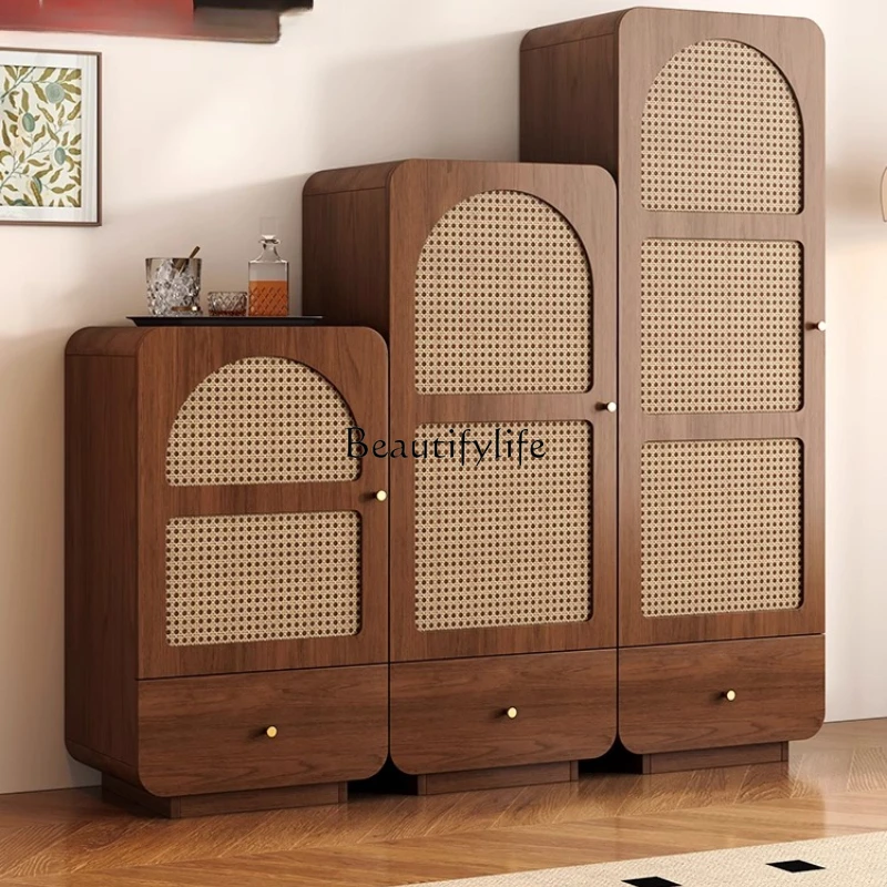 

08Retro medieval rattan dining side cabinet against the wall household living room stand cabinet TV cabinet
