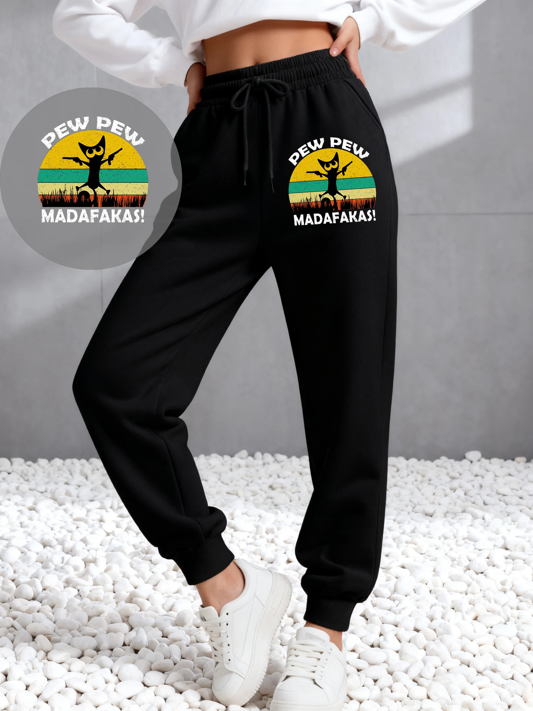 بيو بيو بيو Madafakas القط الطباعة النساء السراويل جيب الركض بانت ملابس الخريف غير رسمية الصوف الدافئة الإناث Sweatpants