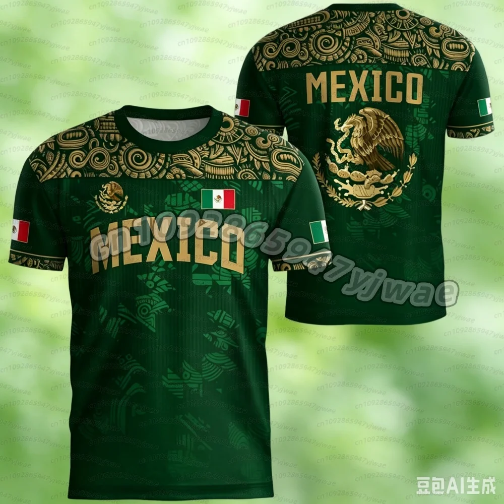 Men's Mexican Flag T-Shirt, 3D Eagle Graphic Printed Tee, Short Sleeve Casual Sports Top Outdoor Soccer fans name tag t-shirt