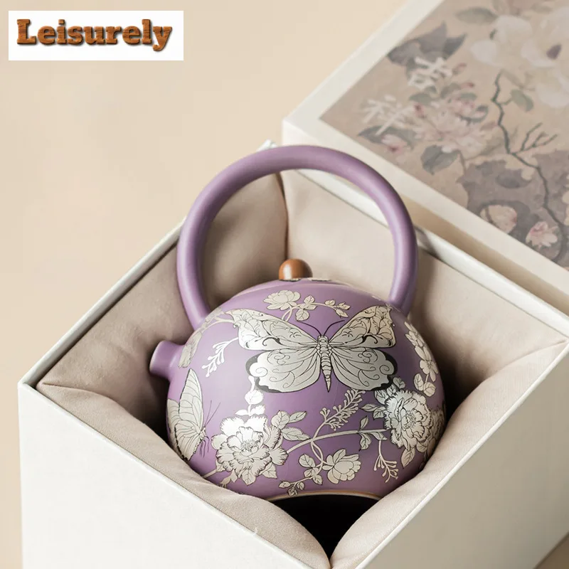 210ml Gilt Silver Butterfly Flower Lifting Handle Teapot Luxury Tea Infuser Pot Tea Brewing Kettle With Ball Hole Teaset Supplie
