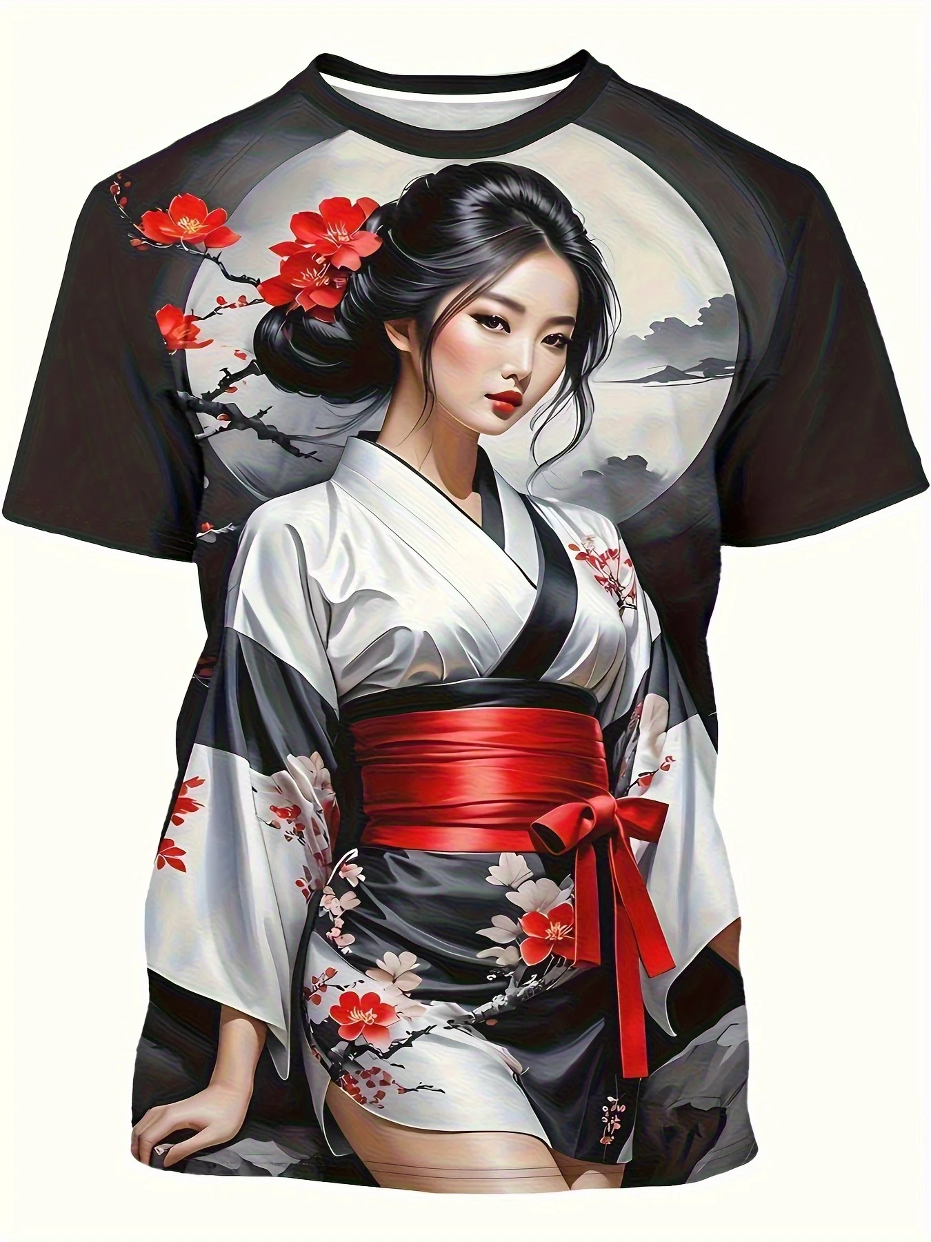 Men's Anime Geisha Girl T-Shirt, Ukiyo-e Plum Blossom Moon Print, Breathable Quick Dry Tee for Comic Con & Festivals