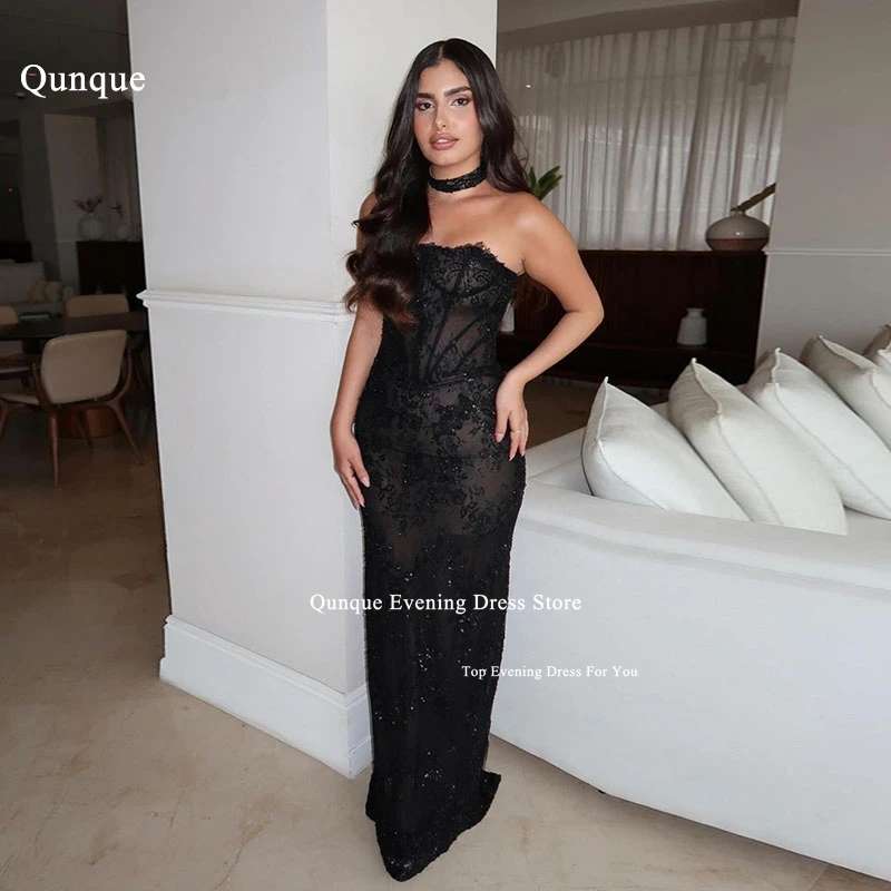 

Qunque Fashion Black Evening Dresses Glitter Sequins Lace Mermaid Party Dresses Formal Prom Gowns Corset Back Robes De Soirée