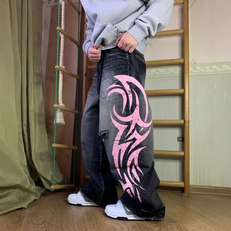 KIDWHXR Man Trousers High Street Printed High Waist Male Denim Pant Hip Hop Punk Loose Washed Casual Men Straight-leg Pant