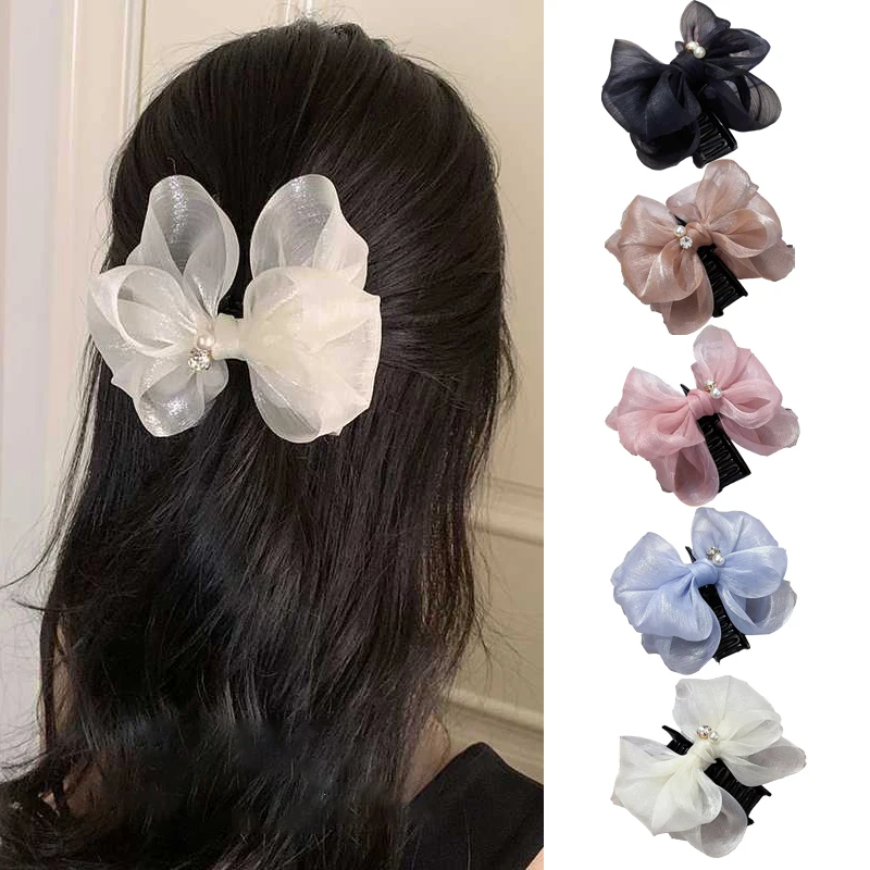Double-layer Mesh Bow Hair Clip for Woman Elegant Temperament Shark Clip Fashion Girl Back of The Head Ponytail Clip Hair Clamp