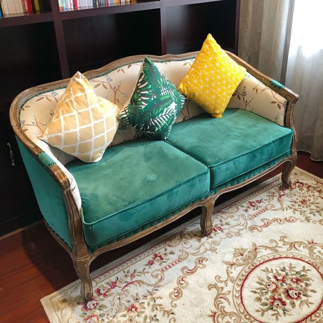 #Vintage 2-Seater French Sofa Carved Wood Frame Orange VelvetFabric Floral Print Cushions Retro Living Room Furniture Home Decor