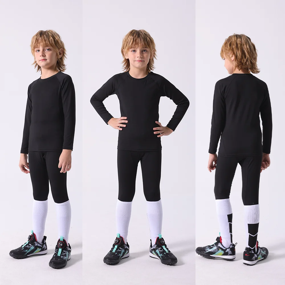 Set Youth Boys Compression Shirt Long Sleeve Sports+Leggings+Short  Soccer Sports Training Clothes Running Basketball Base Layer