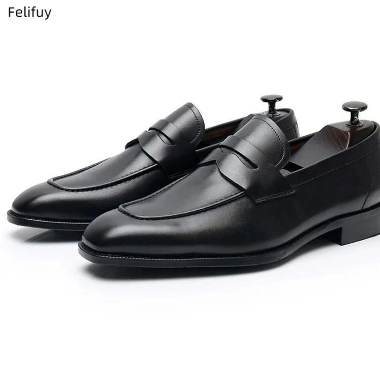 Black Men's Dress Shoes Trend Casual Business Genuine Leather Shoes For Men Slip On Formal Social Wedding Shoes Men Loafers