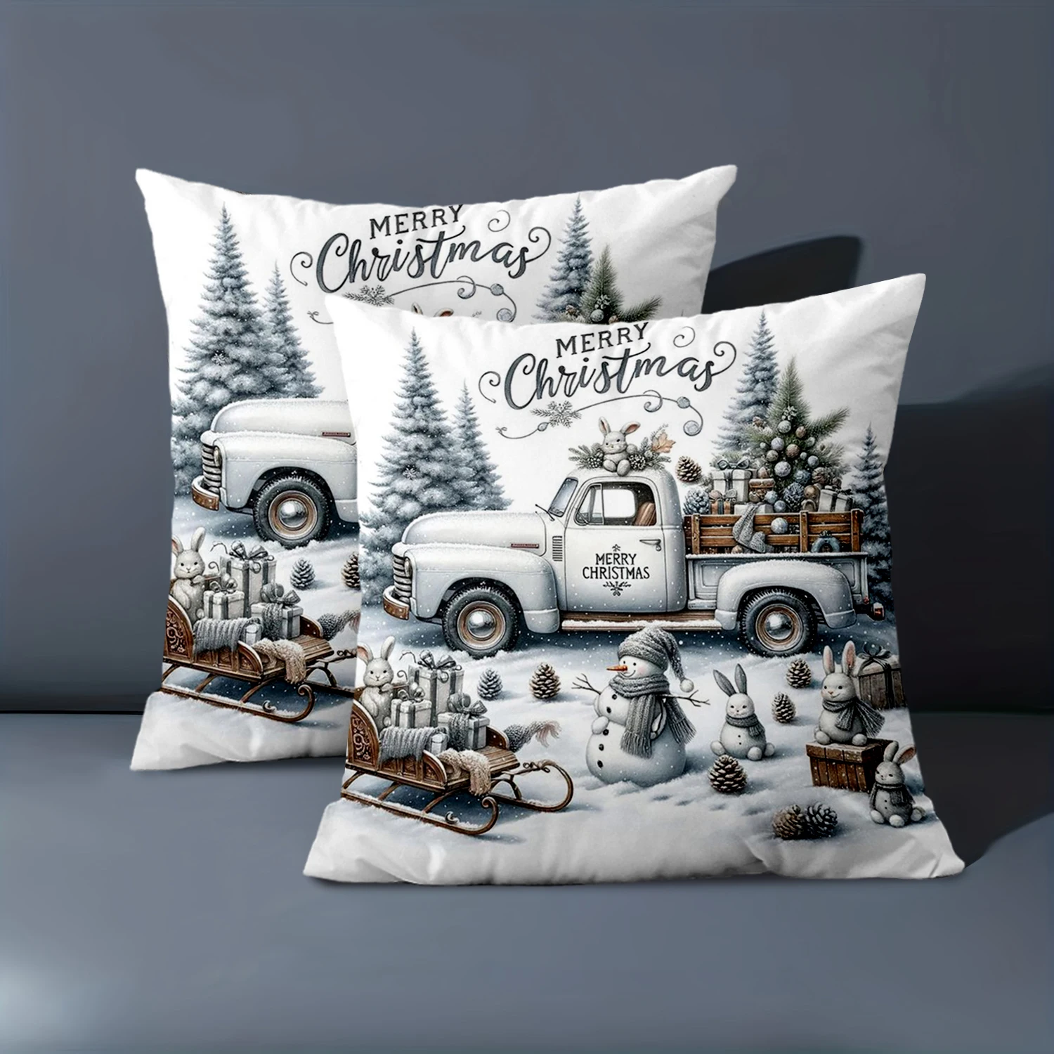1 Pieces Christmas Snow Truck Rabbit Sled Pillow Covers Polyester pillowcase, sofa decorative cushion cov Headboard Pillow