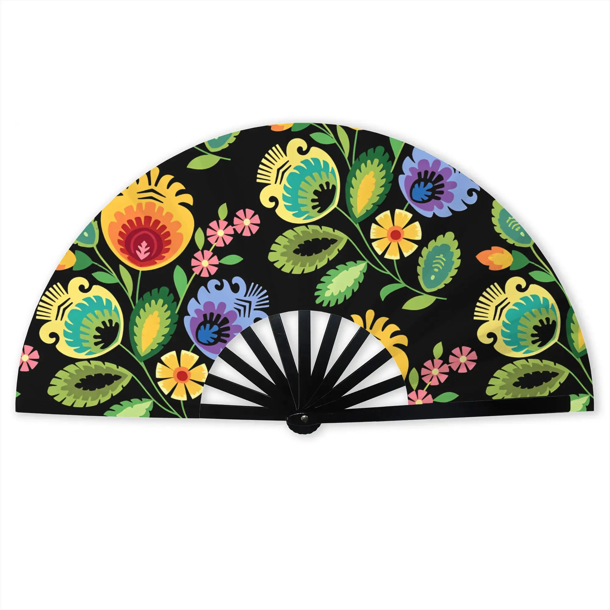 Polish Folk Flowers Yellow on Black Hand Fan Promotional Gift Party  Durable Folding Fans Novelty Bulk Pack Fan
