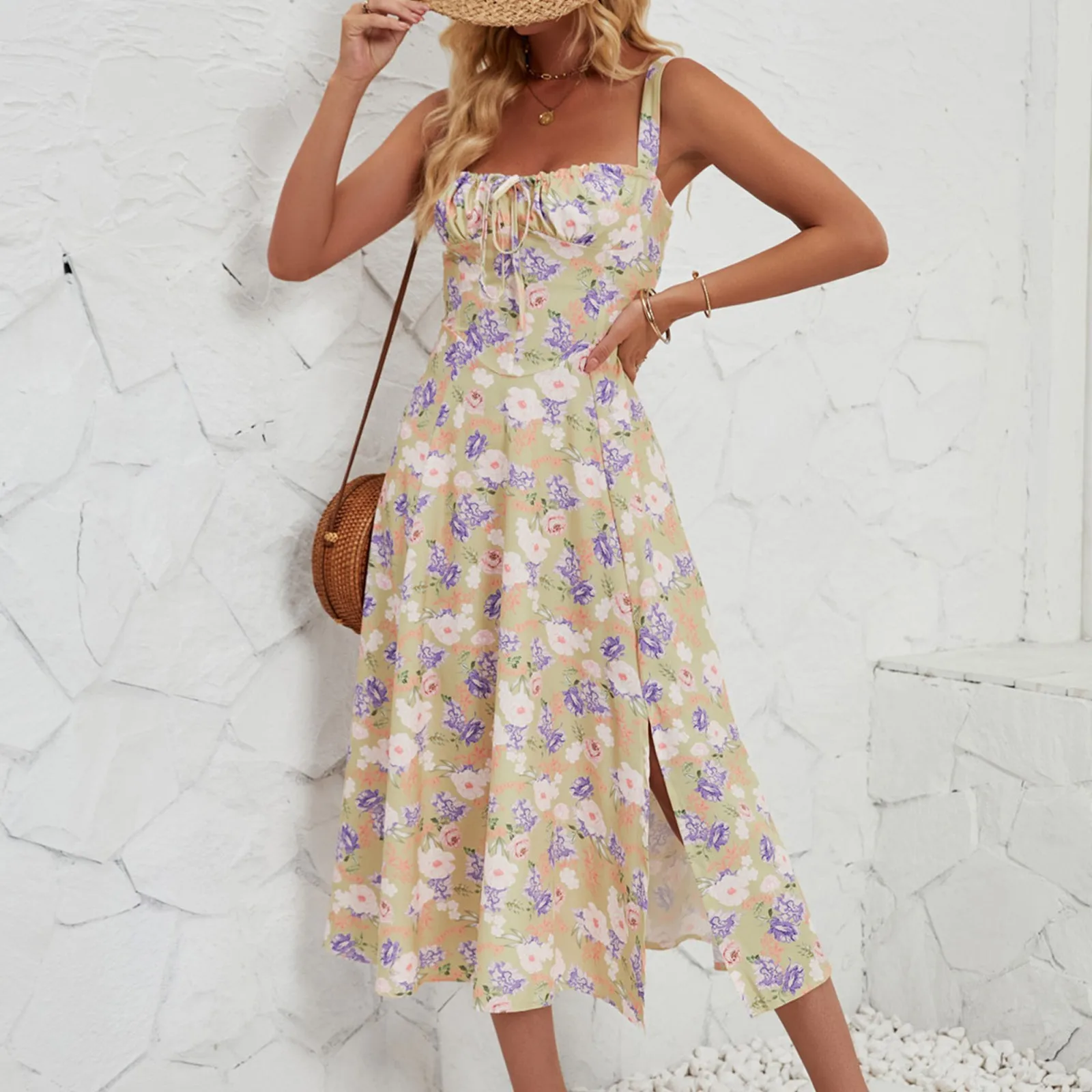 

Floral Suspender Dress 2024 Summer New Fashion Sleeveless Party Dress Beach Style Spaghetti Strap Dress Women Clothes