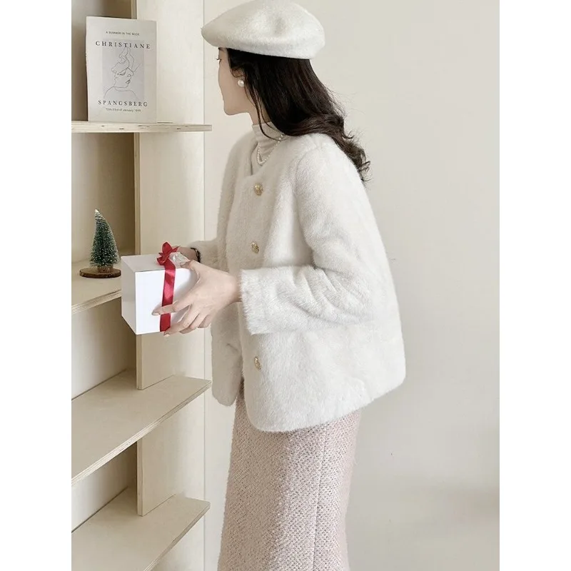 Women Anti-season Round Neck Small Fragrant Wind  Mink Plush Coat  Short Simple Fashion Thickened Faux Fur Coat Young Models