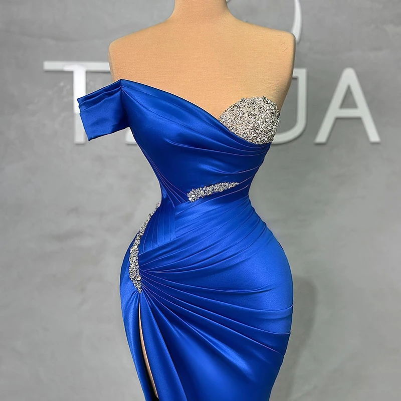 Thinyfull Formal Prom Dresses Mermaid Beadings Side Slit Evening Dress Blue One Shoulder Night Cocktail Party Gowns Custom Size