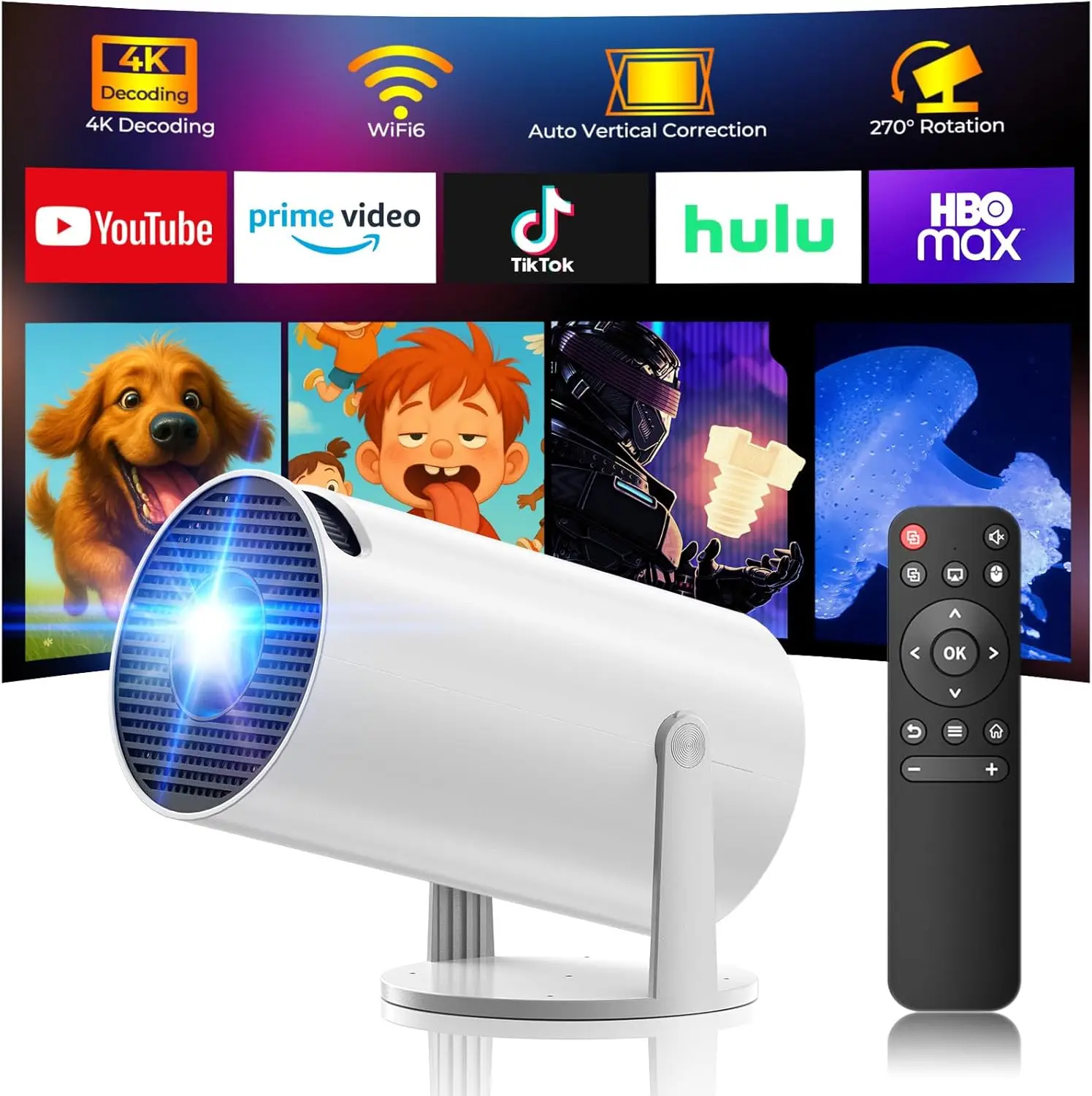 

Мини-проектор с Wi-Fi, Bluetooth, 4K, портативный, поворотный, для спальни, домашнего кинотеатра, совместим с iPhone, TV Stick, HDMI, USB, ноутбуком