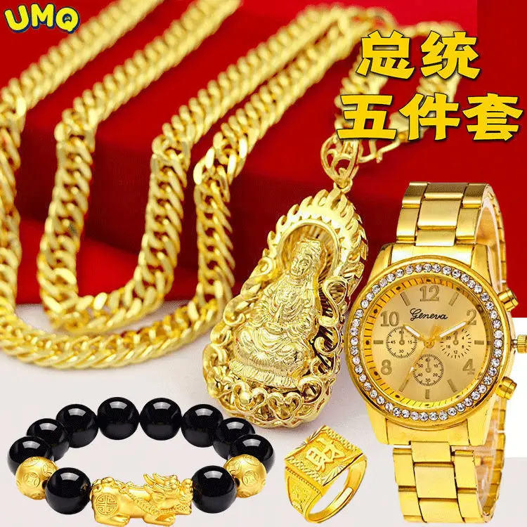 Gift Plated 100% Real Gold 24k 999 Watch 999 Necklace Men\'s Aggressive 999 Large 999 Chain Thick New Style Pure 18K Gold Jewelry