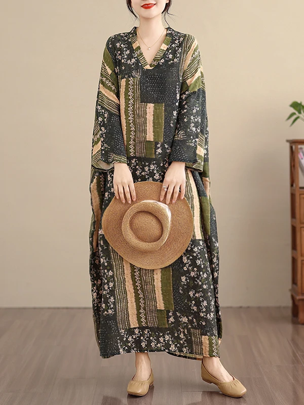 ربيع 2026 المرأة القطن لين دكتور V-Ne السفر الطويل عادية Sle الأزهار طباعة عطلة جوية فضفاضة الخصر تسعة Sve