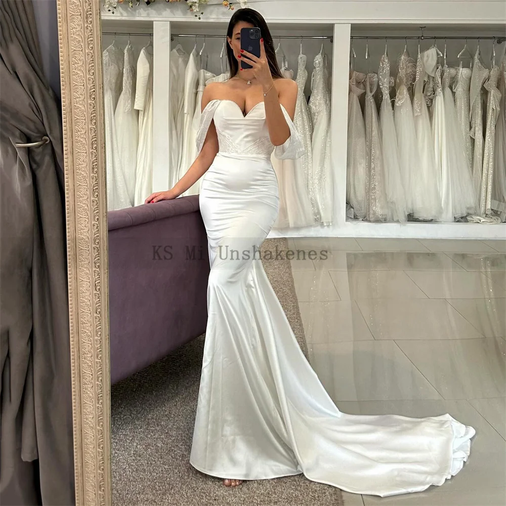 Simple Mermaid Wedding Dresses Satin Vestido de Noiva Sereia Sleeveless Beach Bride Dress Minimalist Wedding Gowns off Shoulder