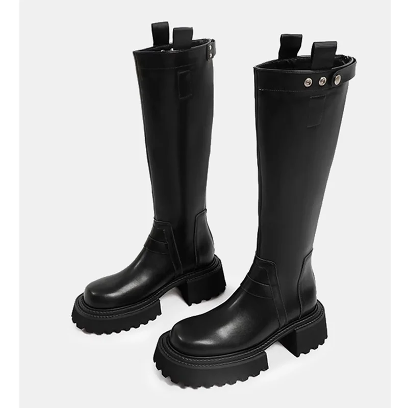 

Metal Decoration Leather Knee High Boots Sexy Round Toe Thick Heel New Arrivals Fashion Women Modern Boots