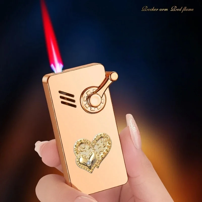 Windproof Metal Rocker Arm Ignition Lighter with Blue Flame Relief Exquisite Pattern Portable Lighter Smoking Accessories