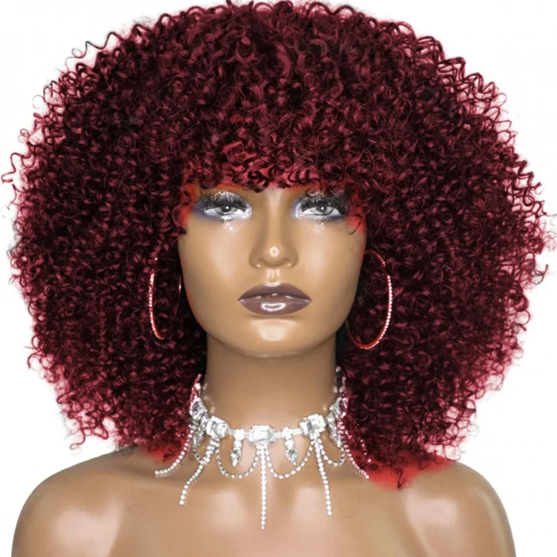 Short Curly Wig With Bangs Human Hair Afro Kinky Curly Wig Burgundy  Full Machine Made Wig 250 Density Remy