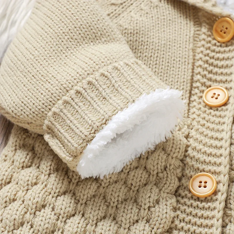 Inverno Pagliaccetto Del Bambino Manica Lunga Neonato Ragazza Ragazzo Tuta Lavorata A Maglia Moda Con Cappuccio Infantile Vestiti Del Bambino 0-18M Tuta In Pile Caldo